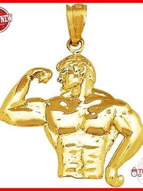 10k Gold Bodybuilder Pendant, Muscle Man Charm, Fits 2.5mm Chain